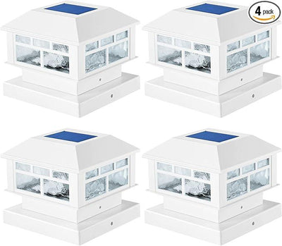 4 Packs Solar Post Cap Lights White Fence Deck Post Light Solar Powered Fit 3.5x3.5 4x4 5x5 Wooden Posts Outdoor Waterproof