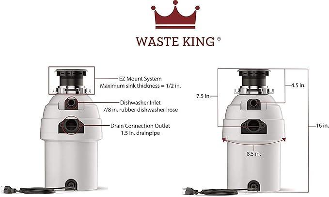 Waste King Garbage Disposal for Kitchen Sink with Power Cord, Food Waste Disposer, L-8000