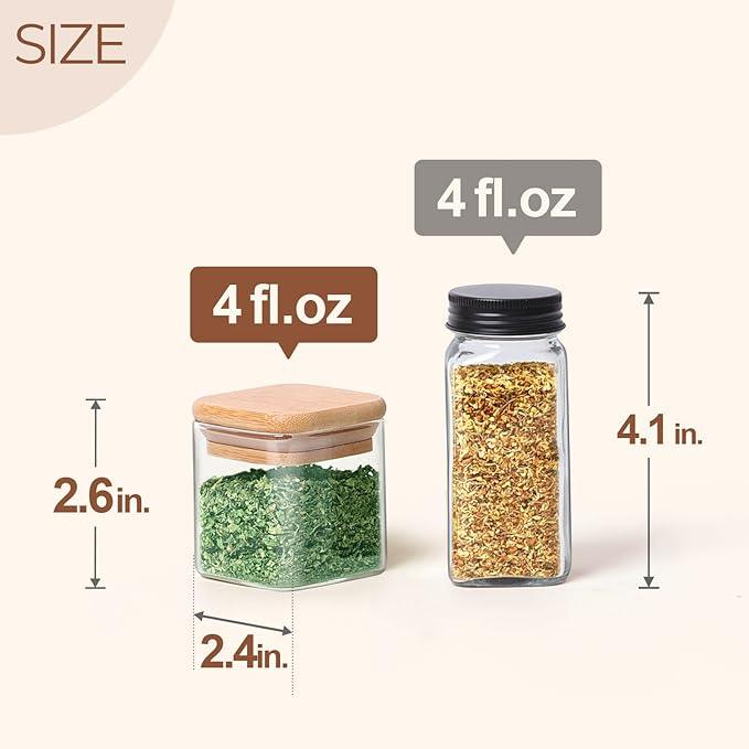 ComSaf 16Pcs Glass Spice Jars with Bamboo Lid, 4oz Airtight Square Spice Containers with 275 Black Lables, Empty Seasoning Jars for Spice Salt Sugar
