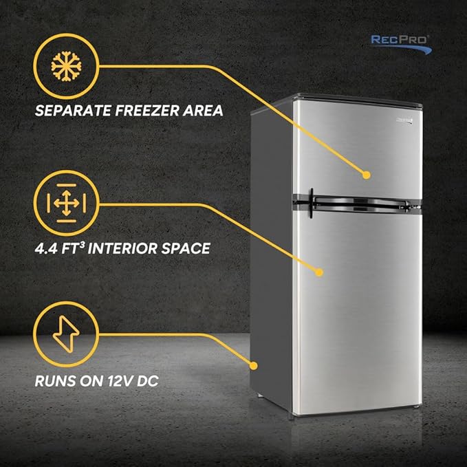 RecPro 4.4 Cu Ft RV Refrigerator | 12V Stainless Steel Fridge with Freezer | Frost-Free, Adjustable Shelves, Built-In Lock, Reversible Door | Off-Grid Ready Camper Fridge with Can Holder