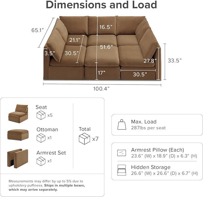 mopio Oversized Modular Sectional Sofa with Fully Removable Covers and Storage, Convertible U, L-Shaped and Sleeper Sectional, Modern Couches with Ottoman Chaise (Hazelnut Velvet, 6 Seats, Sleeper)