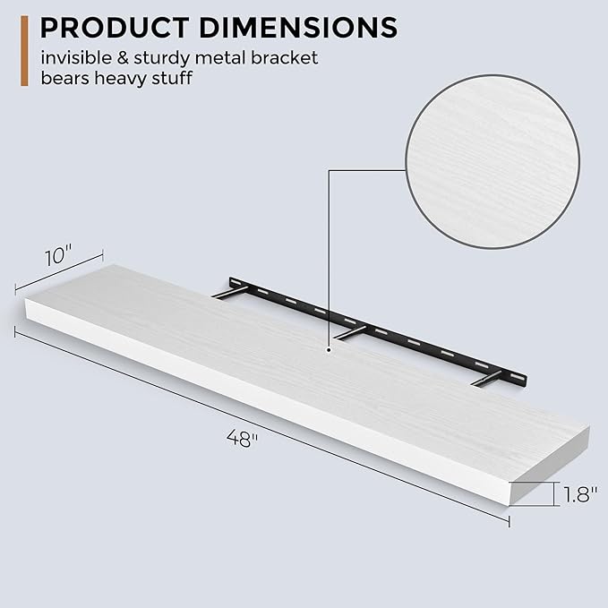 Floating Shelves - 10.3 Inch Deep Wall Shelf for Decor & Storage - Wall Mounted Display Shelving with Invisible Heavy-Duty Metal Bracket - 48