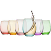 Colored Wine Glass Set, Large 12 oz Glasses Set of 6, Unique Italian Style Tall Stemless for White& Red Wine, Water, Margarita Glasses, Color Tumbler, Beautiful Glassware (Stemless)