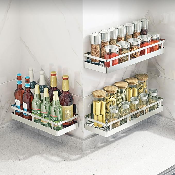 19.69Inch Spice Rack Organizer, SUS304 Stainless Steel Wall Mount Spice Rack Storage Basket, Kitchen Racks, Nail-Free Installation