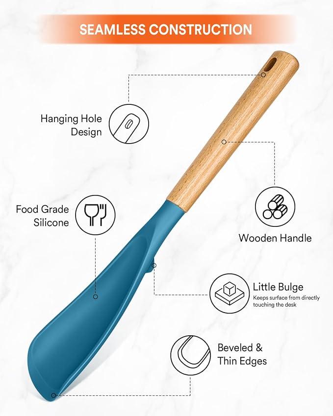 Multifunction Spatula Spoon for Nonstick Cookwares, Great for Cooking and Serving, Sturdy BPA-Free Matte Silicone, Wood Handle Spatula for Mixing, Scoop, and Scrape, Turquoise(2 pack,11.4