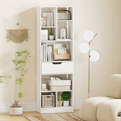 61inch Tall Freestanding Bookcase with Drawer 8-Cube Storage Organizer-White