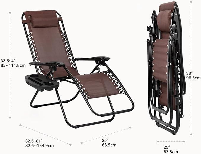 Nazhura Set of 2 Relaxing Recliners Patio Chairs Adjustable Steel Mesh Zero Gravity Lounge Chair Beach Chairs with Pillow and Cup Holder Khaki (Brown)