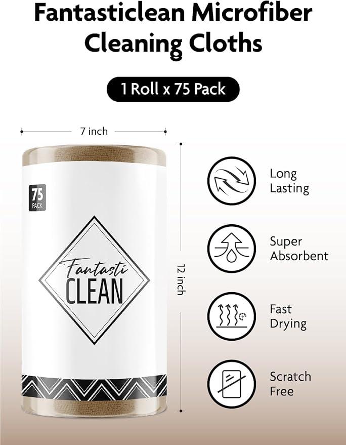 Fantasticlean Microfiber Cleaning Cloth Roll -75 Pack, Tear Away Microfiber Towels, 12