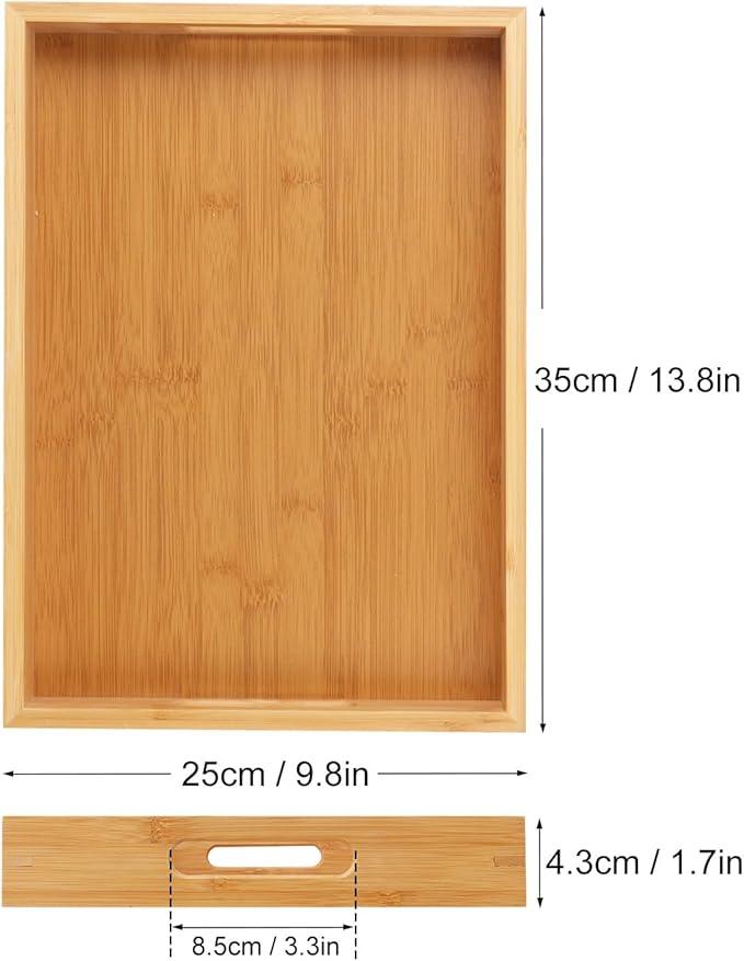 2 Pack Large Bamboo Serving Tray with Handles, 14 x 10 inch Wooden Dinner Tray, Home Kitchen Breakfast Trays for Living Room Bedroom Kitchen Dinner Table, Picnic