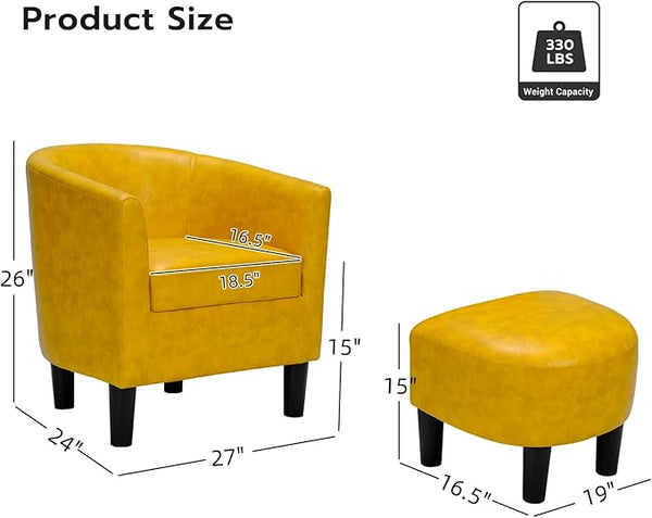 INZOY Modern Accent Chair with Ottoman for Small Space, Club Chair with Ottoman Set, Comfy PU Leather Barrel Reading Chairs for Living Room Bedroom, Round Reading Chair with Foot Rest, Yellow