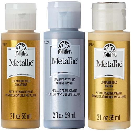 FolkArt 3 Metallic Gold & Silver Acrylic Paints with 20 Brushes