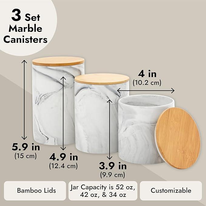 Farmlyn Creek Sugar & Coffee Container Set 3-Piece - White Marble Finish Ceramic Jar Set - Airtight Wood Lids - Ceramic Containers with Lids for Countertop Storage (5.9