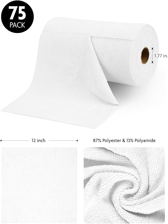 Fantasticlean Microfiber Cleaning Cloth Roll -75 Pack, Tear Away Microfiber Towels, 12