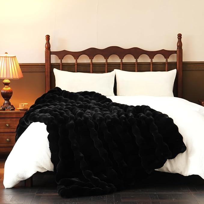 BENVWE Faux Fur Throw Blanket for Couch - Thickened Fluffy Soft Bubble Blanket for Living Room Home Decor - Fathers Day Birthday Gifts for Women Men, Black, 50