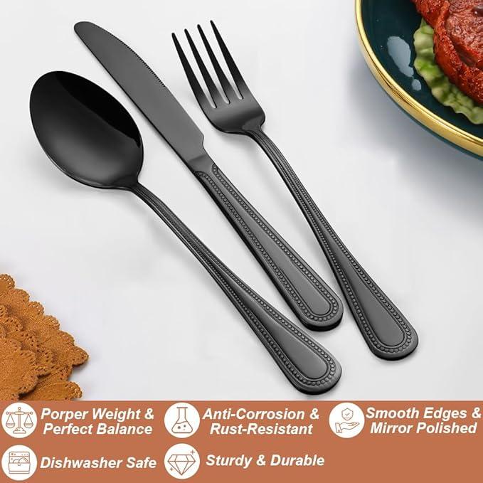 20 Pcs Black Silverware Set for 4 with Pearled Edge Handle design, Food Grade Stainless Steel Flatware Set, Eating Utensils Sets Include Fork/Knife/Spoon, Reusable Cutlery Set, Dishwasher Safe