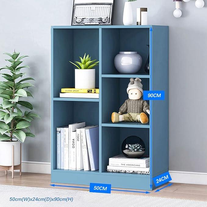IOTXY Open Shelf Low Bookcase - Wooden 3-Tier Floor Standing Display Cabinet Organizer with Base, 5 Cubes Short Horizontal Bookshelf in Bright Blue