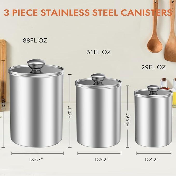 ENLOY Stainless Steel Food Storage Container Set of 3, 88/61/29 oz with Clear Glass Lids - Ideal for Coffee, Tea, Sugar, Flour Canisters