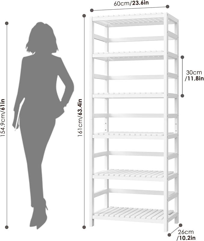 FOTOSOK 6-Tier Bamboo Shelf, Bamboo Bookcase with Adjustable Shelves, Free Standing Storage Shelf Unit, Plant Flower Stand for Bathroom, Kitchen, Home Office, White
