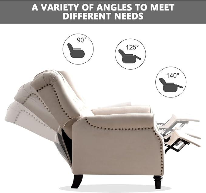 CANMOV Push Back Recliner Chair Set of 2, Elizabeth Fabric Recliner with Tufted Back Home Theater Seating w/Padded Seat and Nailhead Trim, Wooden Legs, Adjustable Single Sofa，White