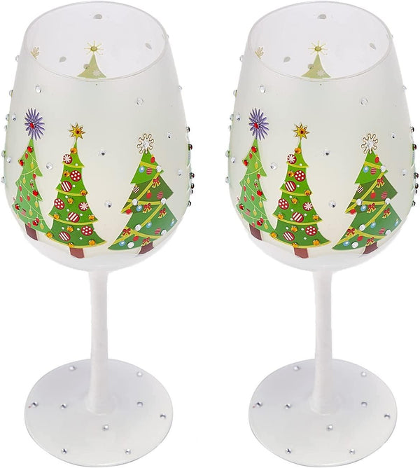 Set of 2 Stemmed Christmas Tree Design Wine Glasses - Hand Painted 14 oz Decorated Christmas Tree Glasses - Perfect for Wine, Champagne, Holiday Parties and Festivities - 8.75