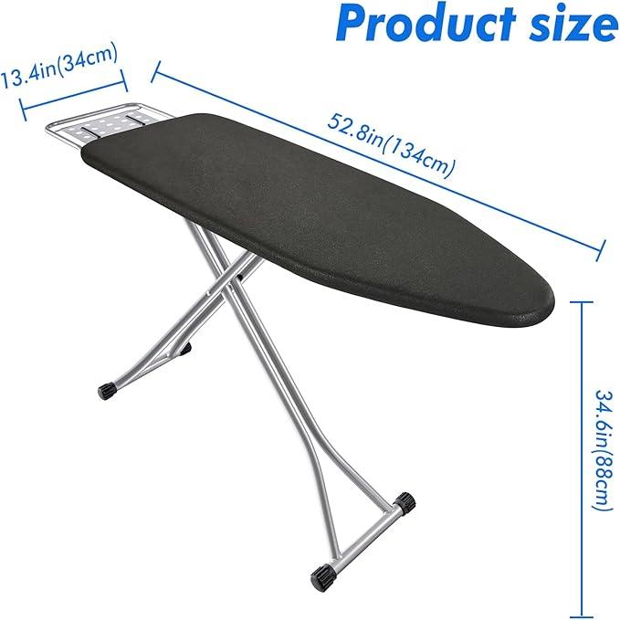 Ironing Board, Heat Resistant Cover Iron Board with Steam Rest, Non-Slip Foldable Ironing Stand. Heavy Sturdy Metal Frame Legs Iron Stand(13 * 34 * 53 Inches) (Silver Black)