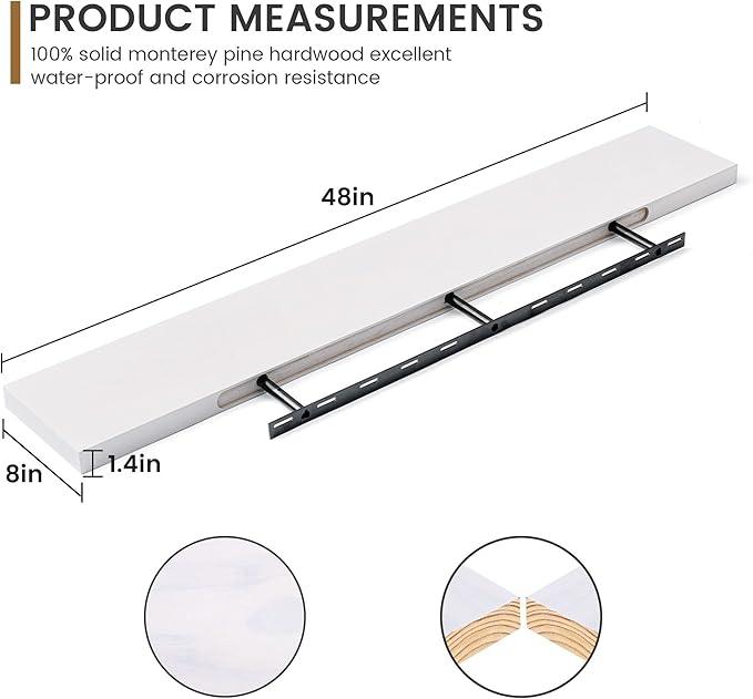 Fun Memories 48 Inch Floating Shelves for Wall, Deep Rustic Solid Pine Wood Shelf - Farmhouse Wall Mounted Display Shelf with Heavy-Duty Metal Bracket, 48