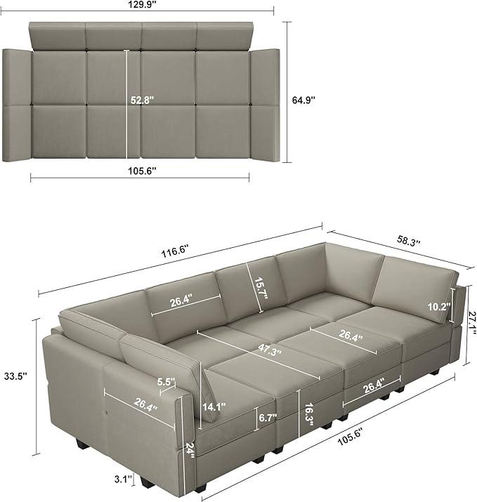 Belffin Modular Sectional Sofa with Storage Chaises Sectional Sleeper Sofa Couch 8 Seat Sectional Bed Grey