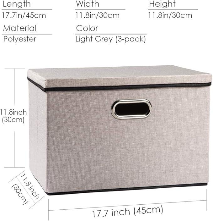 PRANDOM Large Foldable Storage Bins with Lids [3-Pack] linenFabric Decorative Storage Boxes Organizer Containers Baskets Cube with Handles Divider for Bedroom Closet Office Light Grey(17.7x11.8x11.8)
