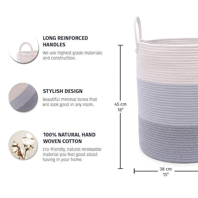 OrganiHaus Gray Nursery Laundry Basket 15x18 | Farmhouse Hamper Basket | Extra Large Storage Basket | Blanket Basket for Living Room | Baby Laundry Hamper | Toy Basket for Kids | Soft Pillow Basket
