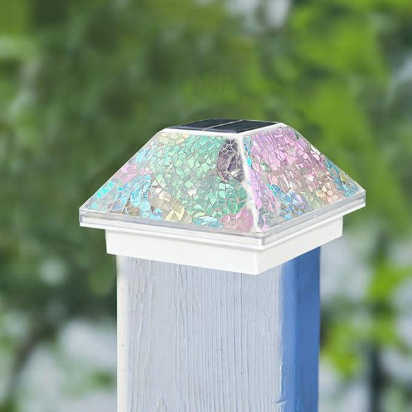 2PK Mosaic Solar Post Cap Lights Outdoor for 4x4, 3.5x3.5 Post Crackled Glass Deck Fence Lamp Weatherproof LED Light Decor in Garden, Yard, Outdoor Table, Balcony, Landscape- Iridescent