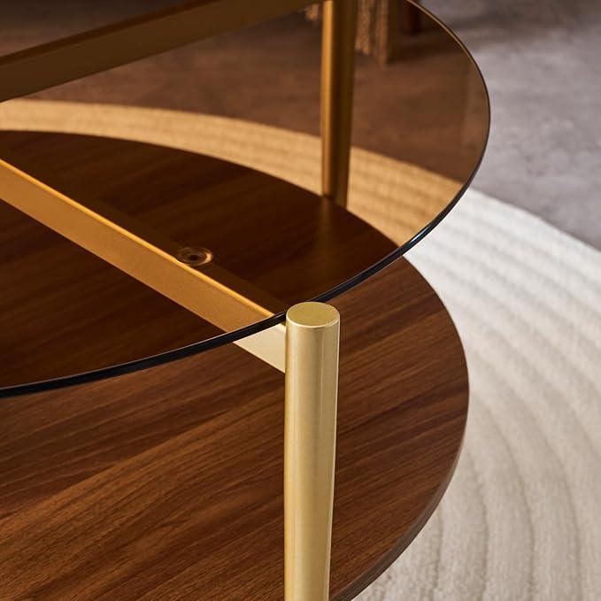 Round Coffee Table, Mid-Century Modern Design, D30 x H17, for Living Room, 2-Tier Structure, Amber Glass Top and Walnut MDF Shelf, Sleek Conical Metal Legs with Gold Finish
