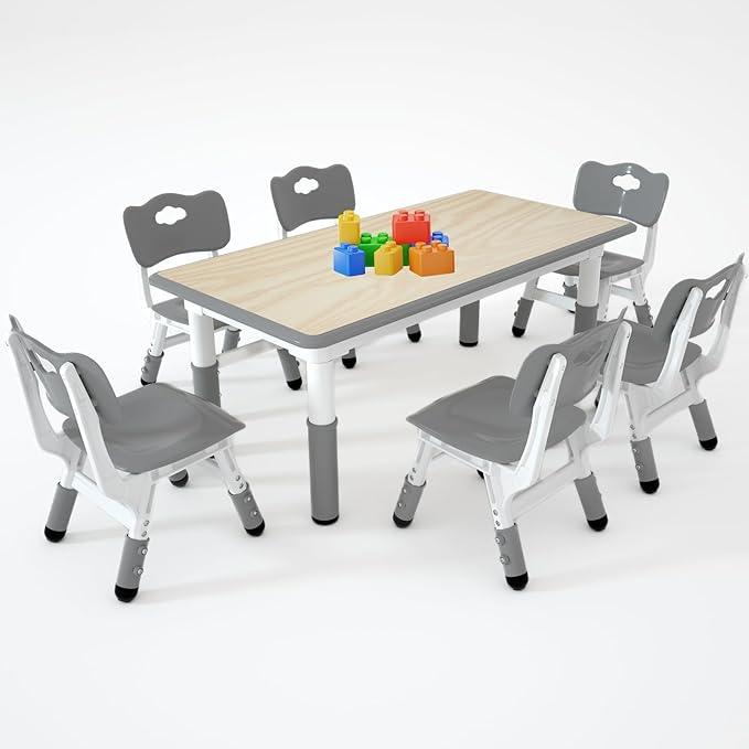 Kids Study Table and 6 Chairs Set,Height Adjustable Table and Chairs for Children and Toddlers,47.2
