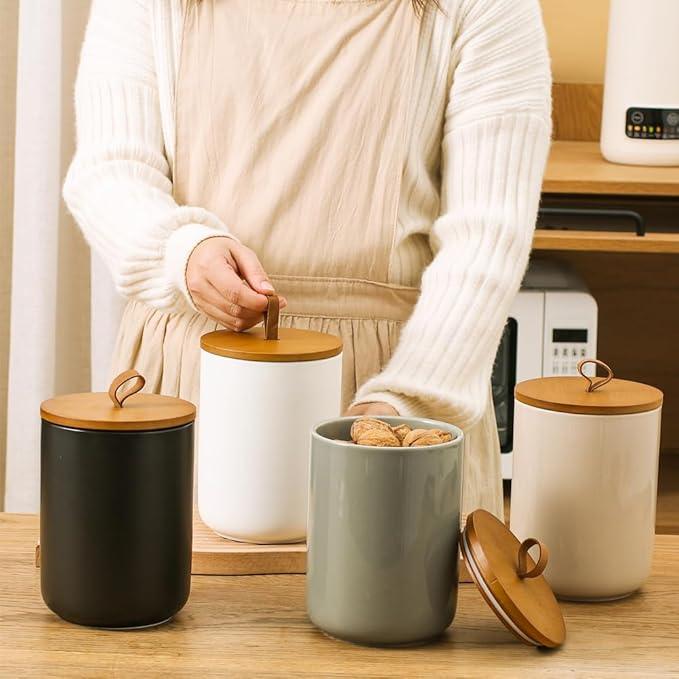 Large Ceramic Storage Jars, Modern Elegant Highly Polished Airtight Gorgeous Storage Canisters with Wooden Lid Food Storage Jar for Kitchen Spice Tea Vanilla Sugar Coffee Beans (White)