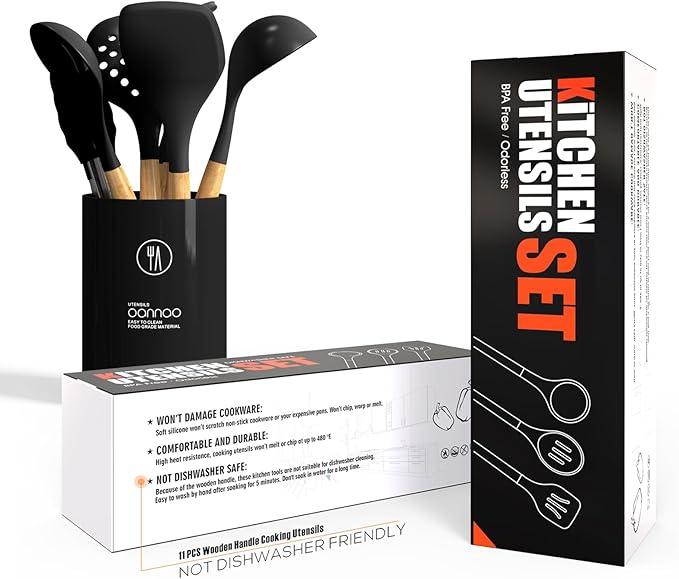 Silicone Cooking Utensils Set - 446°F Heat Resistant Silicone Kitchen Utensils for Cooking,Kitchen Utensil Spatula Set w Wooden Handles and Holder, BPA FREE Gadgets for Non-Stick Cookware (Black)