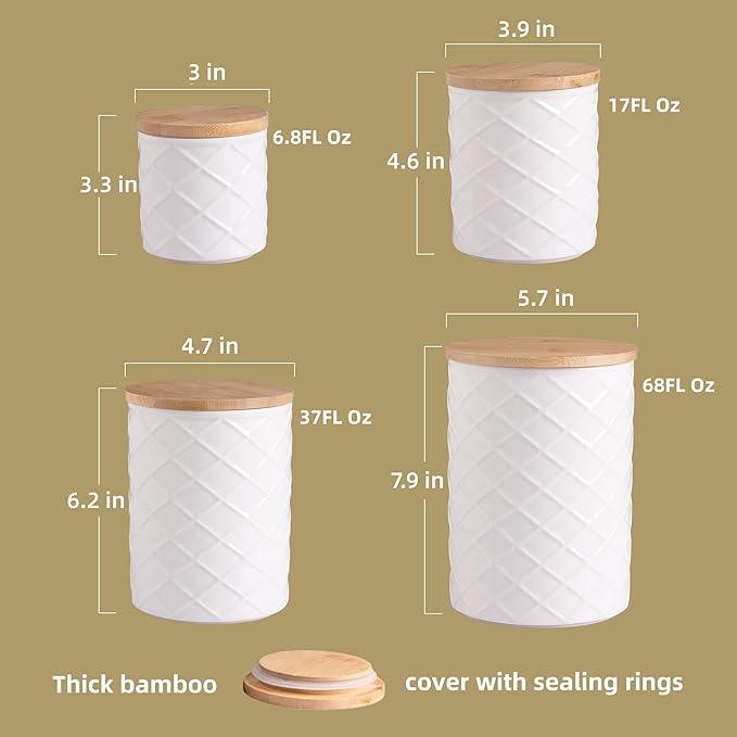 Sweejar Ceramic Canisters Sets for Kitchen Countertop, Relief Food Storage Jar with Bamboo Lid, Stackable Container for Flour, Coffee, Pasta, Cereal, Tea, Cookies, Sugar, Spices, Pack of 4 (White)