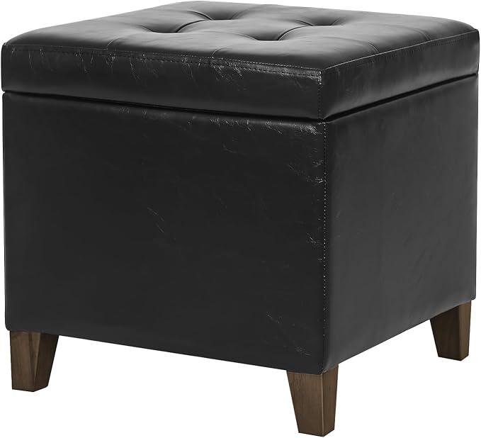 Adeco Faux Leather Storage Ottoman Bench with Solid Wood Legs, 17.7