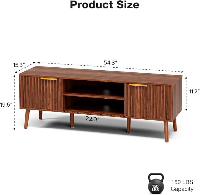 TV Stand for Living Room, Mid Century Modern Entertainment Center for 55/60/65 inch TVs, TV Console with Fluted Door Cabinets and Open Shelves, for Bedroom, Walnut