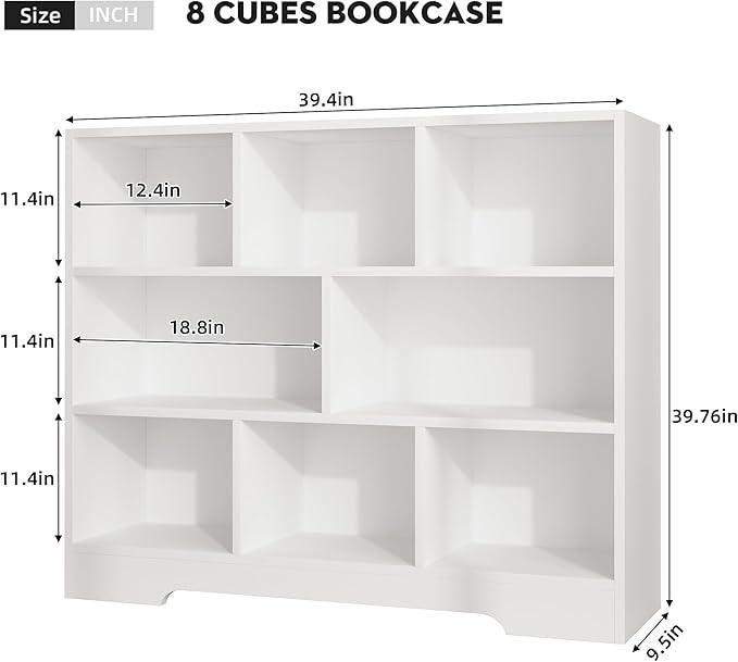 Book Shelf, 8 Cubes Storage Organizer, 3-Tier Open Shelf Wooden Bookcase, Freestanding White Bookshelf Cube Shelf for Bedroom, Living Room, Home Office