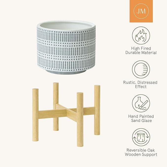 LA JOLIE MUSE Ceramic Plant Pot with Wood Stand - 9.4 Inch Modern Round Decorative Flower Pot Indoor with Wood Planter Holder, Slate Blue and White