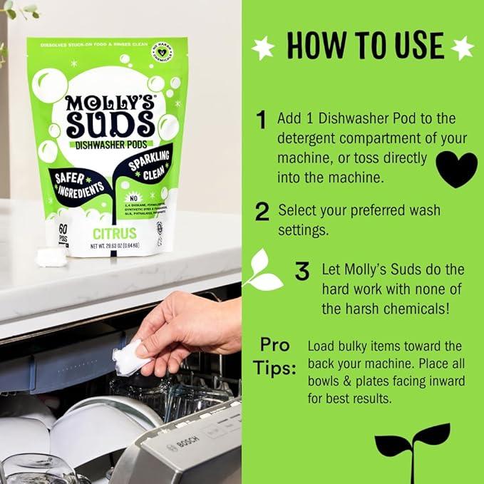 Molly's Suds Dishwasher Pods | Clean Dishwasher Detergent, Cuts Grease & Rinses Clean (Residue-Free) for Sparkling Dishes | 120 Auto-Release Tabs (Citrus)