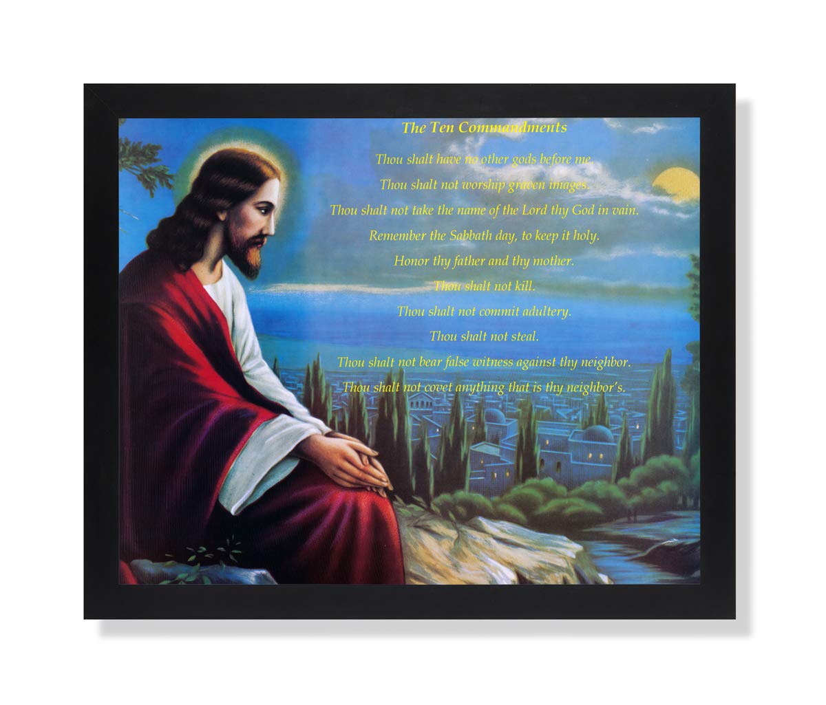 Religious Wall Art – Jesus Art Print With Black Wood Frame & Ten Commandments Poster