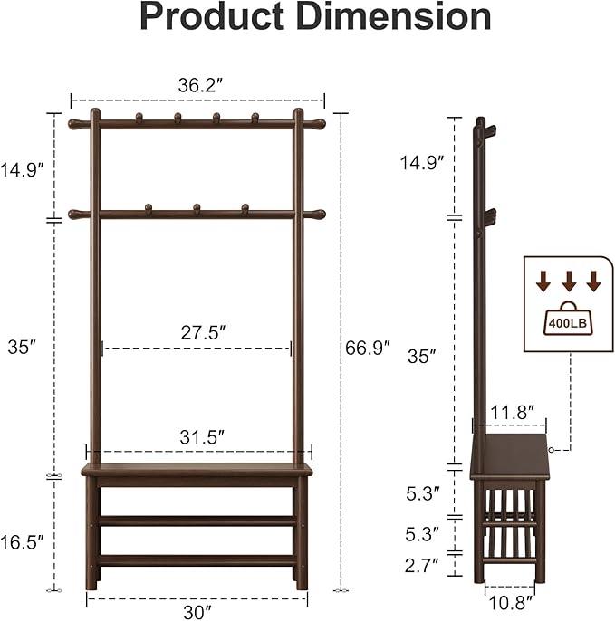 Hall Tree, Coat Rack with Shoe Storage, Wooden Hall Tree with Bench, 11 Hooks and 2-Tier Storage Shelves, Entryway Bench with Coat Rack (31.5