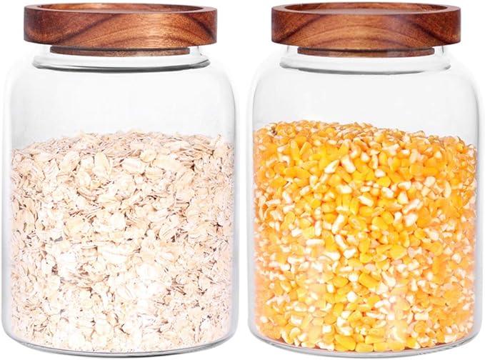 Glass Storage Jars with Airtight Lids, Set of 2 42 FL OZ (1250ml) coffee container with Wooden Lid, Glass Pantry Canister for Beans, Rice, Sugar and etc (6.3 inch high)