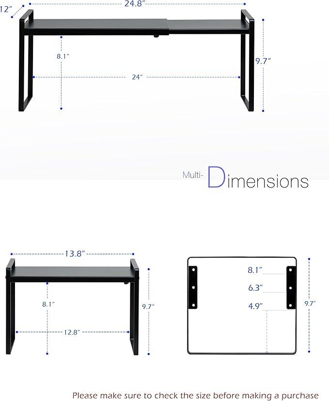 Nxconsu Cabinet Shelf Expandable Height Adjustable Shelf Organizer Riser for Kitchen Cabinet Pantry Cupboard Under Sink Countertop Organization Storage Space Saver Stackable Heavy Duty Metal Black XXL