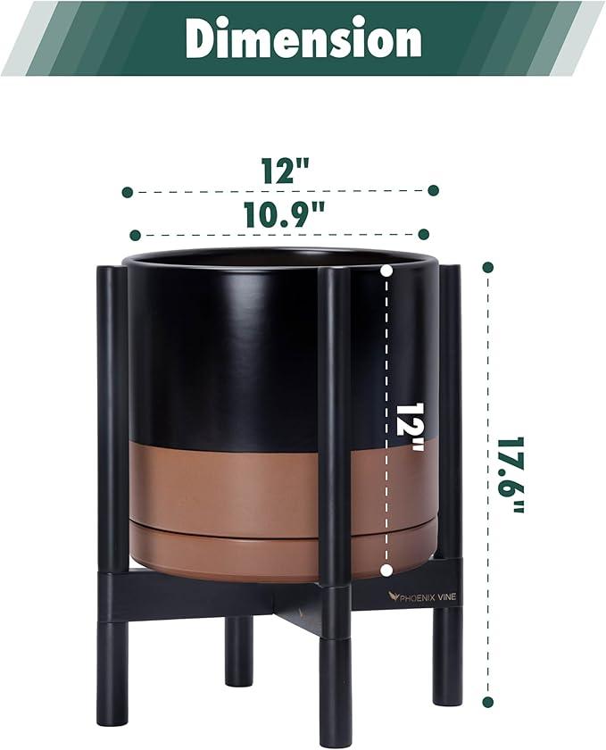 D'vine Dev Ceramic Planter with Ebony Stand - 12 Inch Modern Round Flower Pot with Wood Planter Holder, Black/Speckled Tan, 55-B-H-7