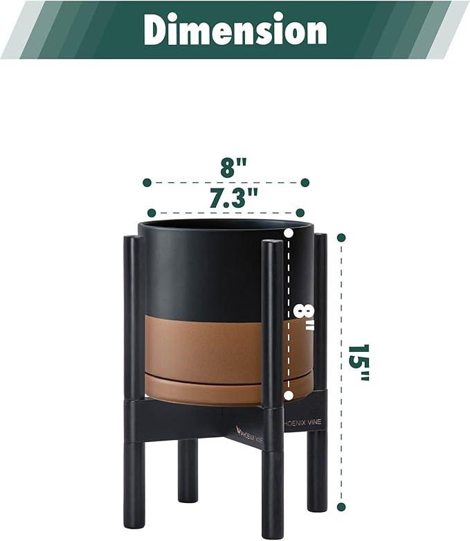 D'vine Dev Ceramic Planter with Ebony Stand - 8 Inch Modern Round Flower Pot with Wood Planter Holder, Black/Speckled Tan, 55-B-M-7