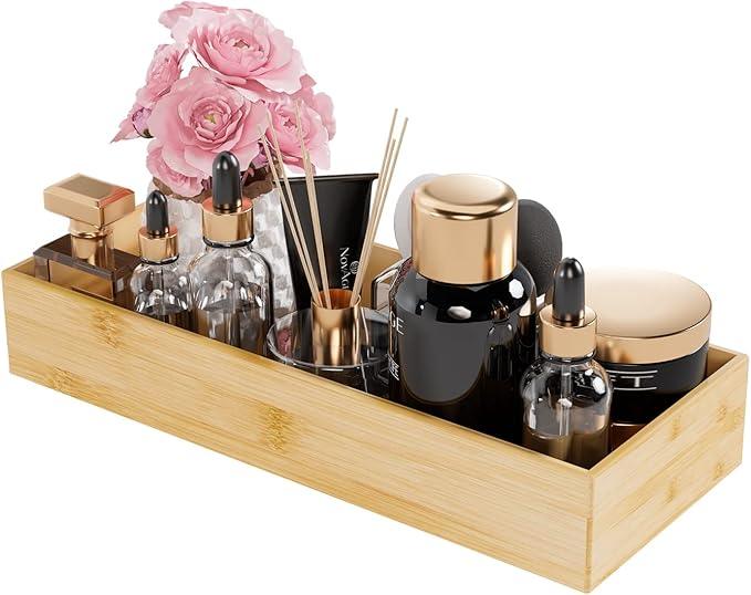 Bathroom Vanity Tray Organizer Bamboo, Small Wood Tray for Bathroom Counter Kicthen Drawer, Rectangular Toilet Paper Storage Basket Box, Guest Sink Tray Decor, Bathroom Accessories 15