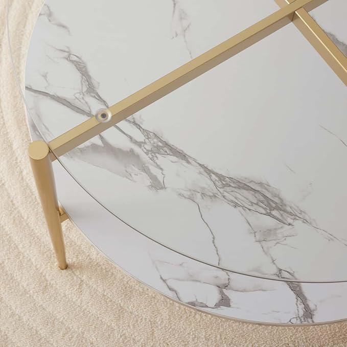 Round Coffee Table for Living Room, Mid-Century Modern Design, D30 x H17, 2-Tier Structure, Clear Glass Top and White Marble Finish Wood Shelf, Sleek Conical Metal Legs with Gold Finish Frame