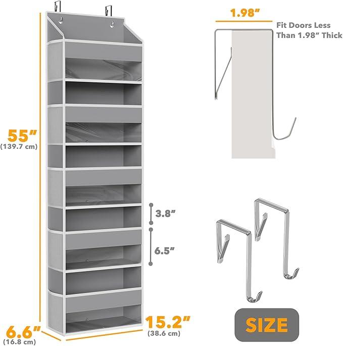 SpaceAid 2 Pack Over The Door Organizer with 5 Large Pockets and 10 Mesh Side Pockets, 5 Layers Door Organizer Hanging with Clear Window for Bedroom, Bathroom, Pantry and Nursery, Gray