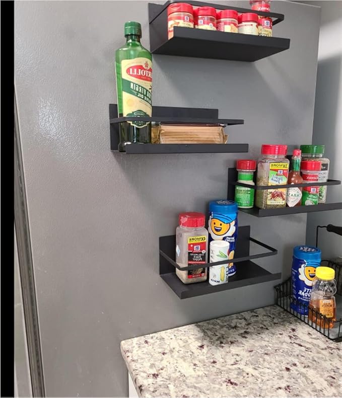 Magnetic Spice Rack Holder Paper Towel Holder with Hook for Refrigerator Fridge Organizer for Kitchen, Space Saver Container for Kitchen/Apartment, Drill Free, Black，3 Packs